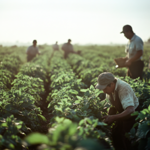A team of workers walk between rows of plants. One worker in the foreground kneels to inspect a plant.