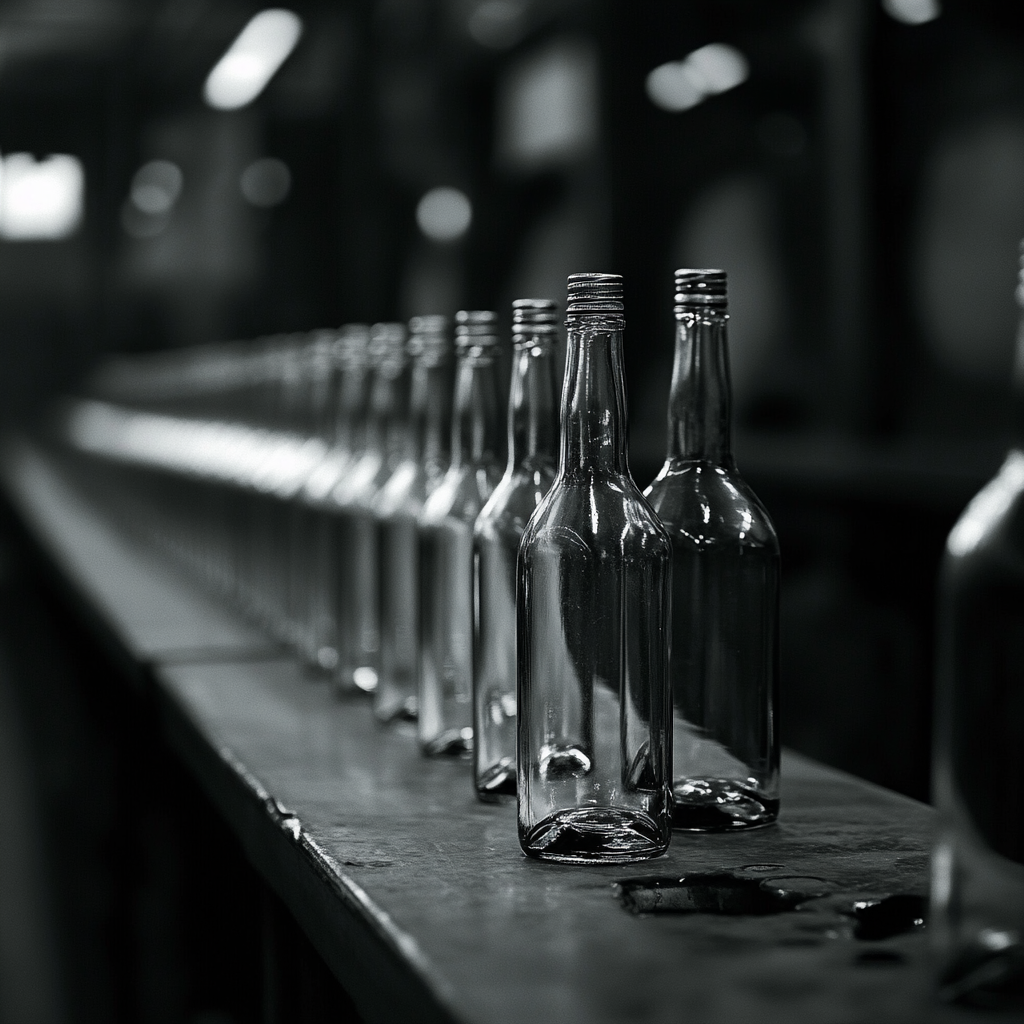 A black and white image of glass bottles with caps lined up along a thin wooden ledge.