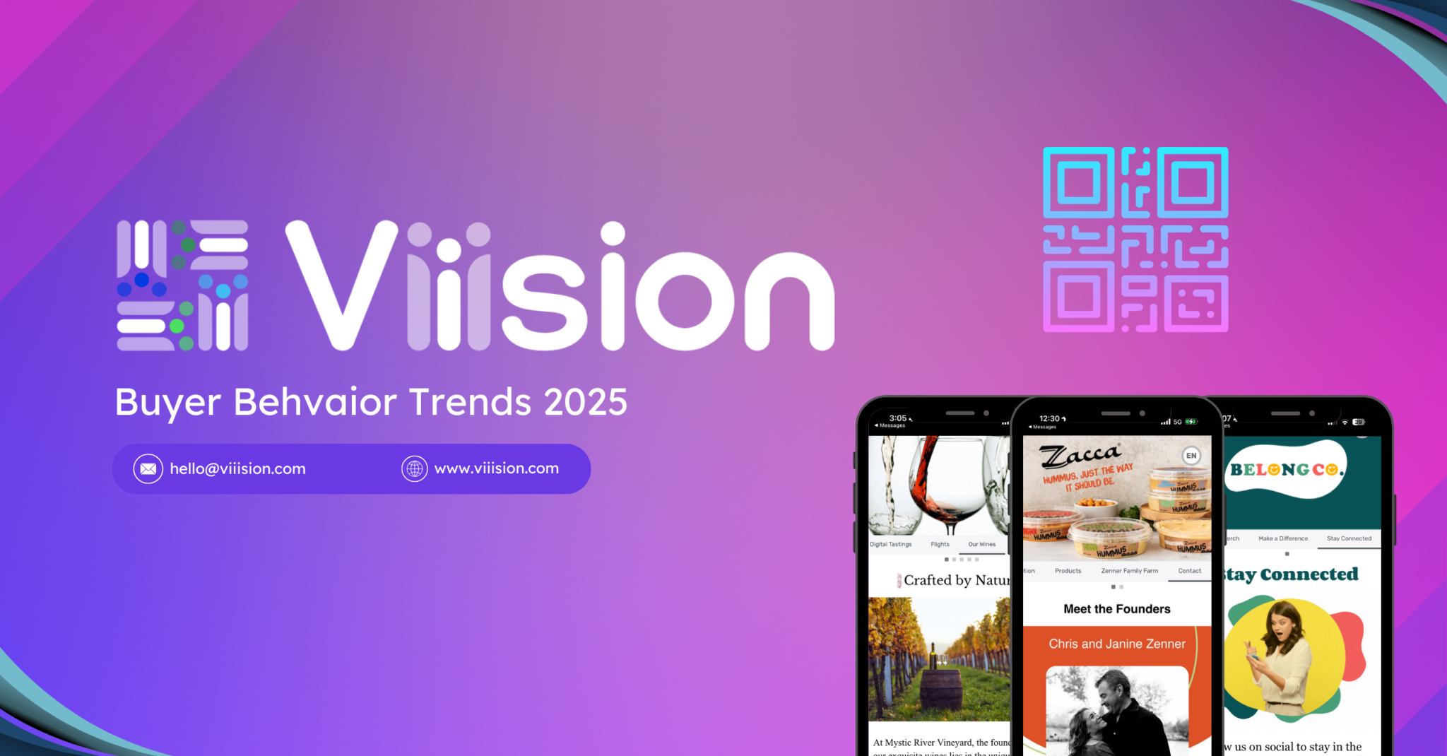 The Viiision Logo with a tagline of Buyer Behavior Trends 2025. A stylized illustration of a QR code is above three images of phones displaying content on the Viiision platform.