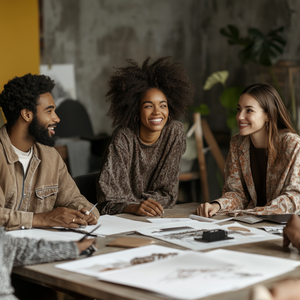 A creative marketing team sits together at a table happily discussing a project. Papers are scattered on the table in front of them as they discuss designs.