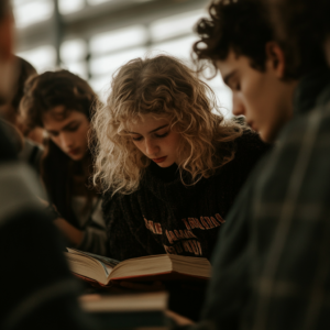 A college-aged young woman with curly blonde hair reads a book in a crowded coffee shop surrounded by others who are also reading.