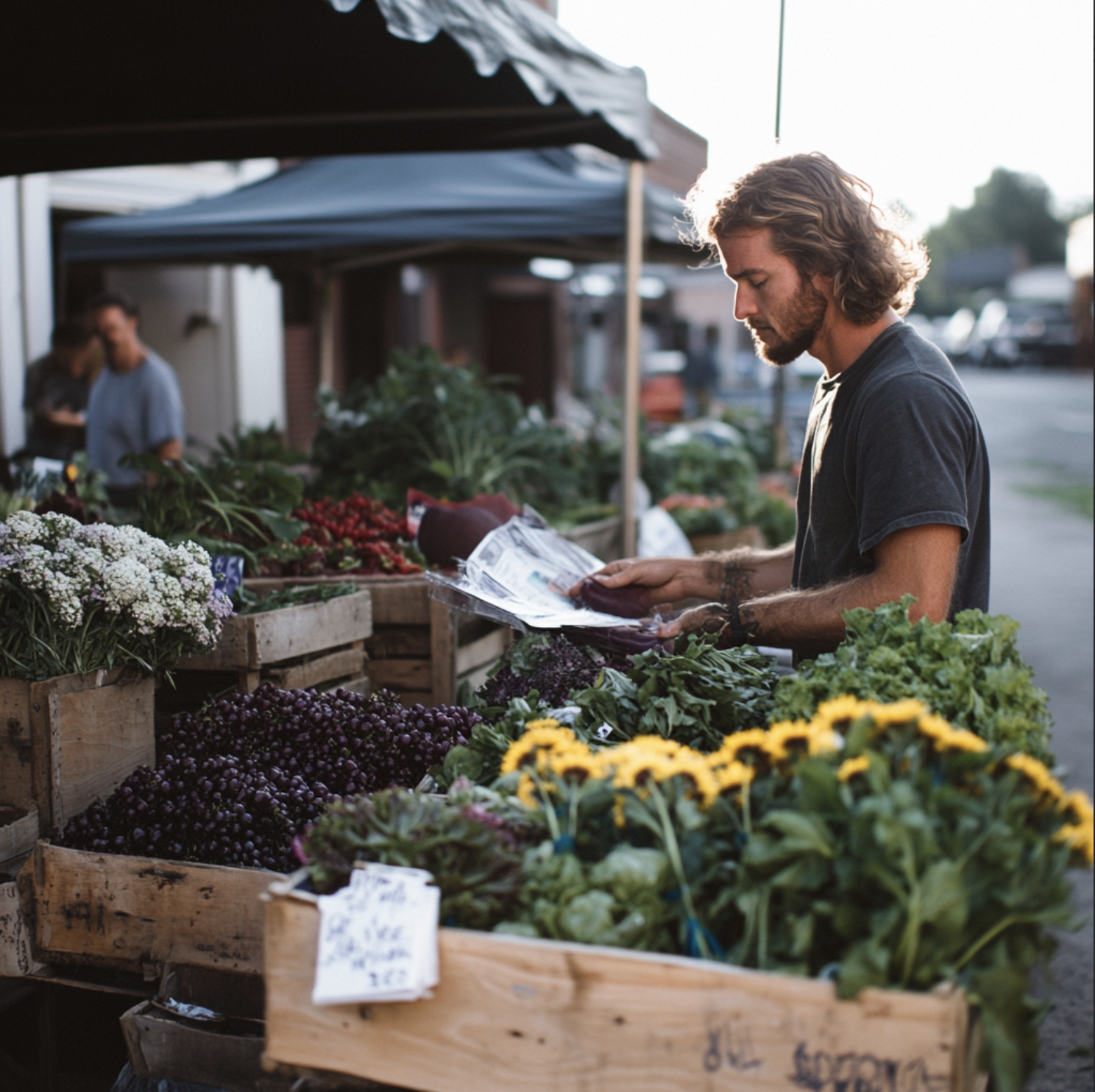 A bearded middle-age male flower farmer looks at paperwork amidst boxes of flowers, olives, and herbs at a shaded farmer's market stand.