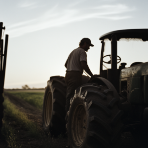 A silhouette of a man climbing into his tractor between the front and rear wheels. He wears a baseball cap, and the tractor sits next to a field.