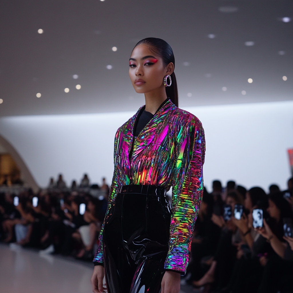 An Asian model with dramatic neon pink makeup wears a metallic neon jacket and shiny leather pants stands on a runway in front of a crowd holding phones.