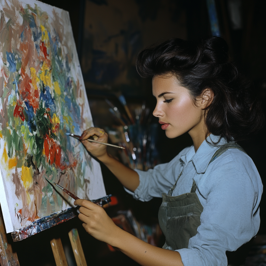 A young woman with dark hair wearing a blue shirt and an apron paints an abstract still life on a canvas with both her hands.